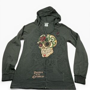 Disney Women's Pirates of the Caribbean Dark Gray Zip Hoodie with V neck. Size M